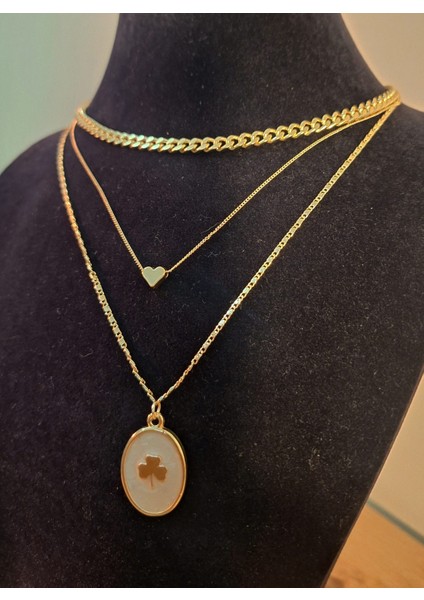 3’lü Set Altın Renk Kalp ve Yonca Figürlü Kadın Kolye