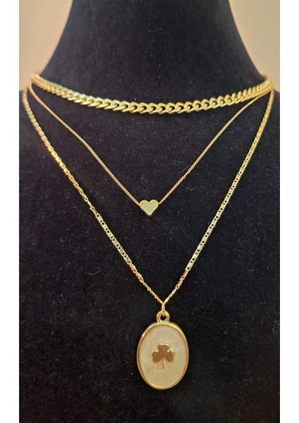 3’lü Set Altın Renk Kalp ve Yonca Figürlü Kadın Kolye modelleri