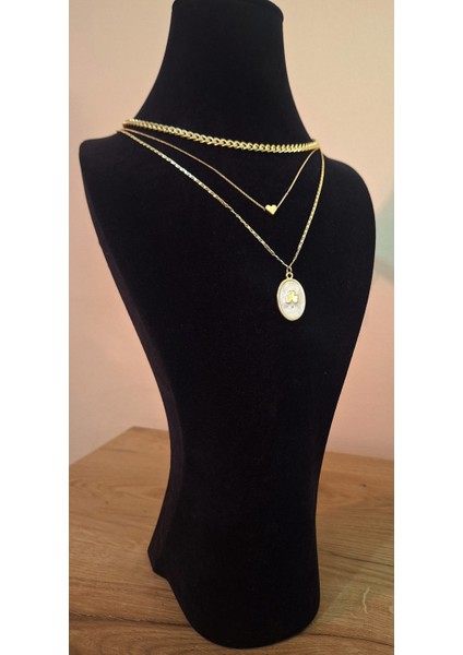 3’lü Set Altın Renk Kalp ve Yonca Figürlü Kadın Kolye