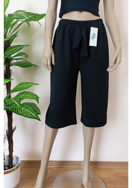 Kadın Siyah Krep Kumaş Dökümlü Geniş Paça Likralı Bermuda Alt indirimleri