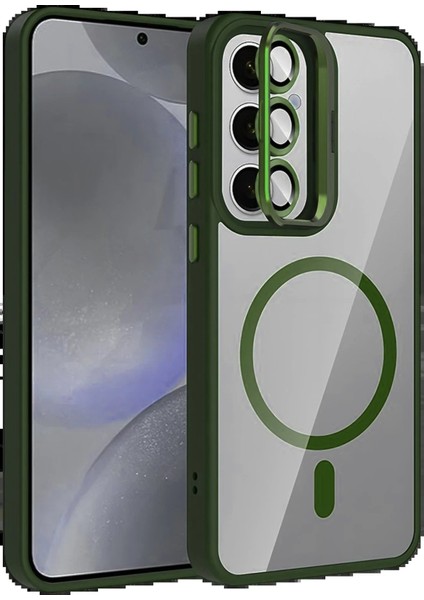 Samsung Galaxy S25 Remim Lensli Magsafe Standlı Kapak - Koyu YEŞIL-(5796) - FEİ2466-2059