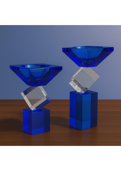 Kristal Geometrik 2 Li Şamdan Seti Mavi 20X9 indirimleri