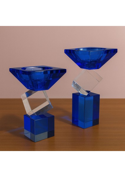 Kristal Geometrik 2 Li Şamdan Seti Mavi 20X9