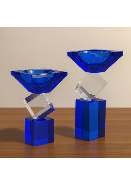 Kristal Geometrik 2 Li Şamdan Seti Mavi 20X9