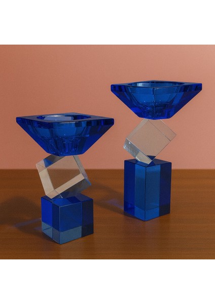 Kristal Geometrik 2 Li Şamdan Seti Mavi 20X9