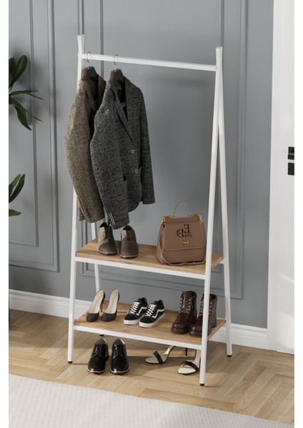 Jade Konfeksiyon Elbise Askılık , 2 Raflı Askılık , Beyaz Metal - Atlantik Çam Tabla