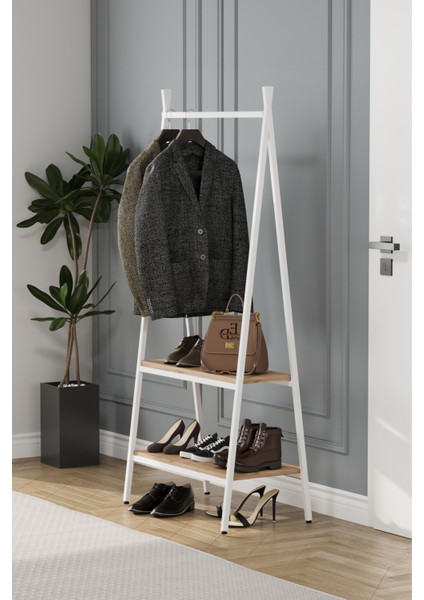 Jade Konfeksiyon Elbise Askılık , 2 Raflı Askılık , Beyaz Metal - Atlantik Çam Tabla fiyatları