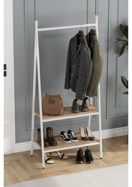 Jade Konfeksiyon Elbise Askılık , 2 Raflı Askılık , Beyaz Metal - Atlantik Çam Tabla modelleri