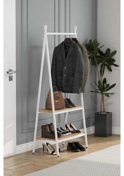 Jade Konfeksiyon Elbise Askılık , 2 Raflı Askılık , Beyaz Metal - Atlantik Çam Tabla fırsatları