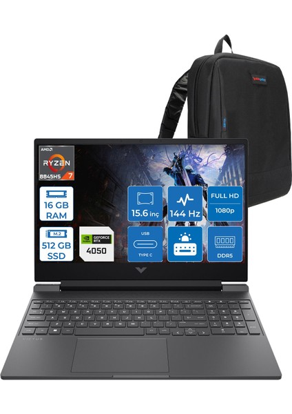 Victus 15-FB3706NT Amd Ryzen 7 8845HS 16GB Ddr5 512GB SSD 6GB/RTX4050/75W 15.6" Fhd IPS 144Hz Windows 11 Home Taşınabilir Bilgisayar B9KM3EAH01 + Zettaçanta