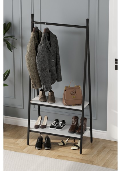 Jade Konfeksiyon Elbise Askılık , 2 Raflı Askılık , Siyah Metal - Beyaz Tabla