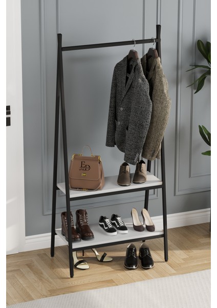 Jade Konfeksiyon Elbise Askılık , 2 Raflı Askılık , Siyah Metal - Beyaz Tabla modelleri