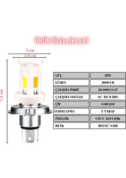 H4 Uzun Kısa Seramik Gövde LED Far Ampul 12-24V Beyaz Amber Sarı 3 LED Far Lambası 18W 1800 Lm
