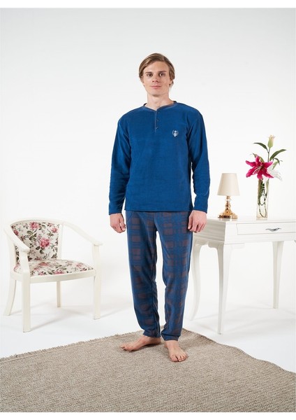 Düz Renk Uzun Kol Polar Erkek Pijama Takım