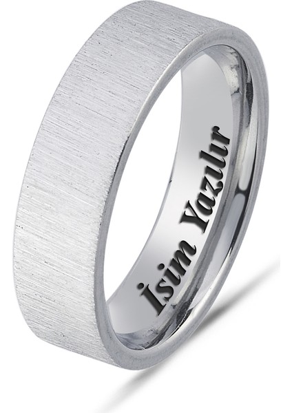 Kişiye Özel Isim Tarih Yazılı 6mm Mat Fırçalanmış Düz Unisex Çelik Yüzük Alyans CL46Y