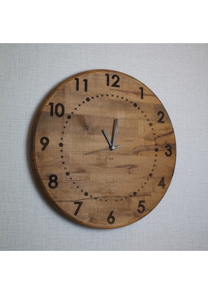 El Yapımı Lazer Işlemeli Ahşap Duvar Saati 42 cm - Sessiz Mekanizma - Ceviz Rengi