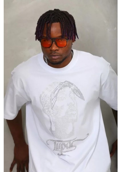 Unisex Oversize Taşlı Bisiklet Yaka T-Shirt - Beyaz modelleri