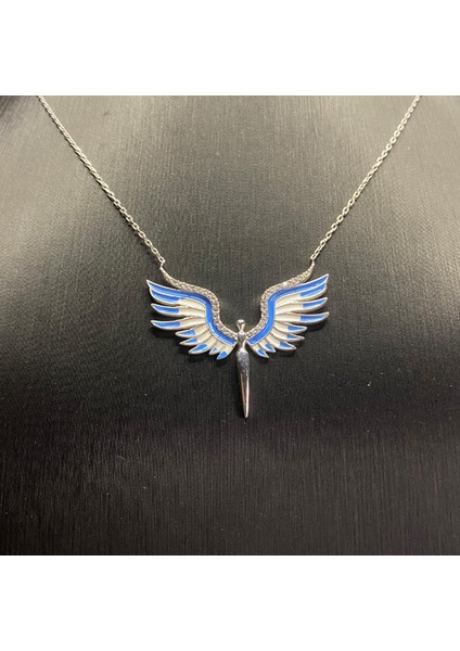 925 Ayar Gümüş Mavi ve Beyaz Taşlı Mikail'in Kılıcı Kolye