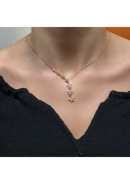 925 Ayar Gümüş Rose Kaplama Yıldız Motifli Sarkıt Kolye