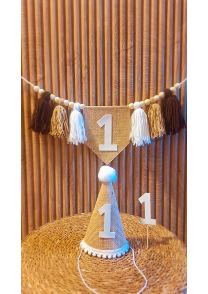 1 Yaş Şapka Mama Sandalyesi Duvar Flaması One 1 Yaş Partisi 3 Lü Set Flama