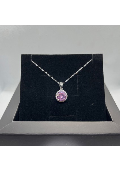925 Ayar Gümüş Pembe Taşlı Halo Tektaş Kolye fiyatları
