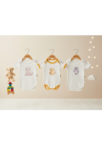 3 Lü %100 Pamuk Organik Baskılı Unisex Kız Erkek Çıtçıtlı Body Zıbın 0-3 Ay 3 Yaş Arası