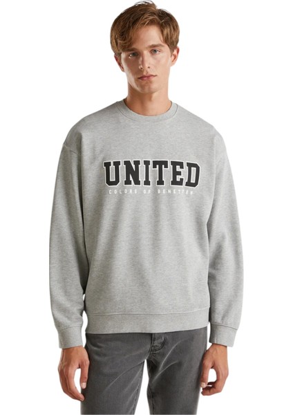 Erkek Önü Baskılı Ribanalı Yuvarlak Yaka Sweatshirt