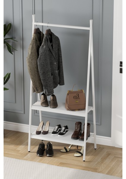 Jade Konfeksiyon Elbise Askılık , 2 Raflı Askılık , Beyaz Metal - Beyaz Tabla