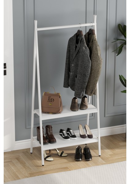 Jade Konfeksiyon Elbise Askılık , 2 Raflı Askılık , Beyaz Metal - Beyaz Tabla fırsatları