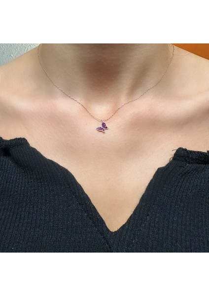 925 Ayar Gümüş Rose Kaplama Renkli Taşlı Minimalist Kelebek Kolye