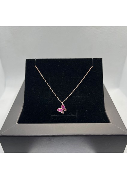 925 Ayar Gümüş Rose Kaplama Renkli Taşlı Minimalist Kelebek Kolye fiyatları