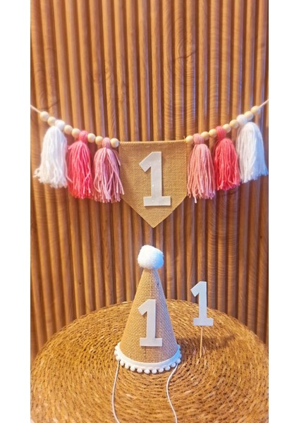 1 Yaş Şapka Mama Sandalyesi Duvar Flaması One 1 Yaş Partisi 3 Lü Set Flama