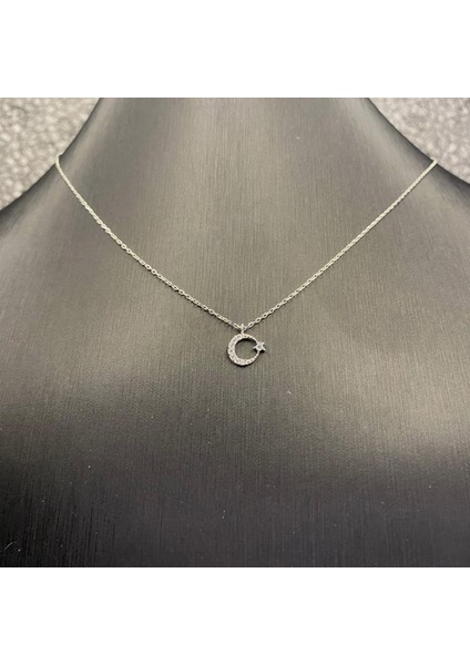 925 Ayar Gümüş Zirkon Taşlı Minimal Ay Yıldız Kolye