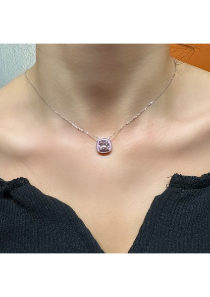 925 Ayar Gümüş Kare Pembe Taşlı Hayalet Kolye