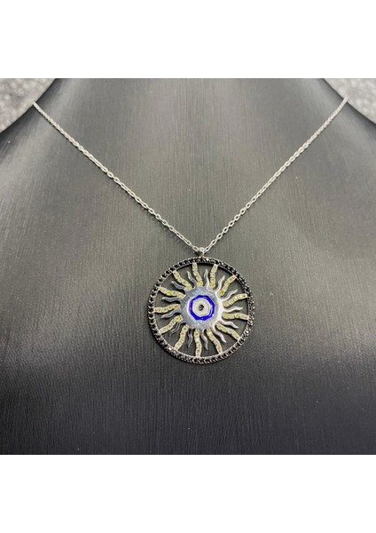 925 Ayar Gümüş Siyah ve Beyaz Taşlı Koruyucu Göz Kolye