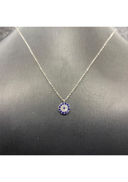 925 Ayar Gümüş Mavi Taşlı Yuvarlak Minimal Kolye
