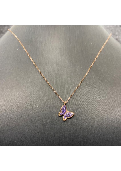 925 Ayar Gümüş Rose Kaplama Mor Taşlı Minimalist Kelebek Kolye