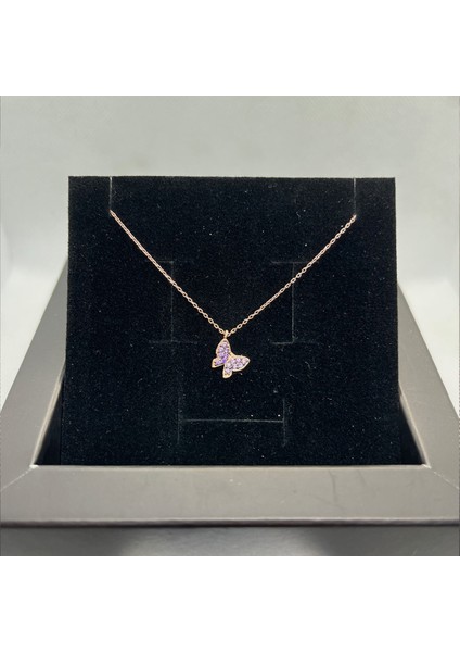 925 Ayar Gümüş Rose Kaplama Mor Taşlı Minimalist Kelebek Kolye fiyatları