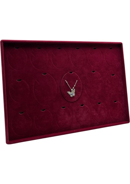 Süet Kumaş Bordo 34-24 cm Ayaklı 17 Pedli Kolye Tabla Stand