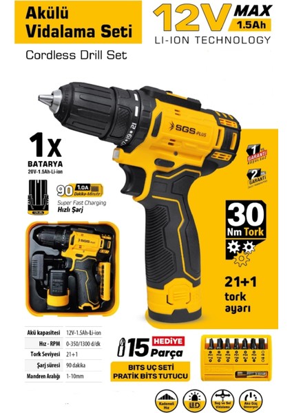 Plus 12V Li-Ion Şarjlı Vidalama Seti 30NM Güç LED Işıklı Darbeli Matkap SGS-5147 fiyatları