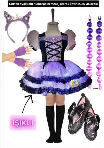 Kuromi Işıklıı Elbise Kostüm Kuromi Mor Bubble Saç Siyah Çorap Kuromi Siyah Babet Taç Mor Eldiven