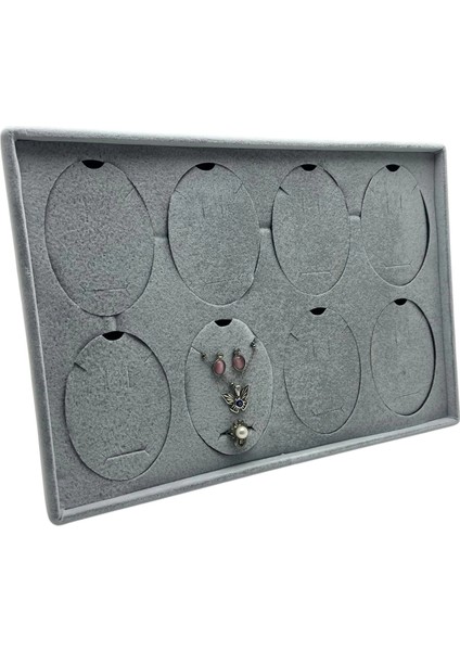 Süet Kumaş Gri 34-24 cm Ayaklı 8 Pedli Kolye Tabla Stand