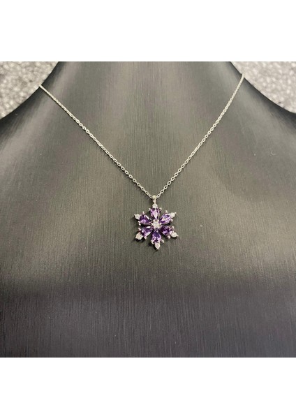925 Ayar Gümüş Mor Taşlı Lotus Çiçeği Kolye