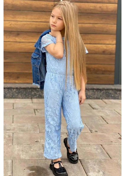 Kız Çocuk Boydan Üzeri Dantel Işlemeli Şeffaf Tül Içi Astarlı Mavi Tulum