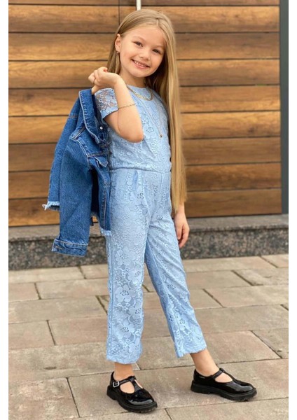 Kız Çocuk Boydan Üzeri Dantel Işlemeli Şeffaf Tül Içi Astarlı Mavi Tulum fiyatları