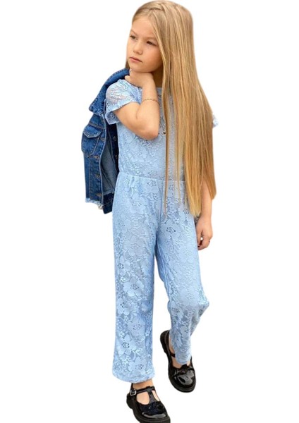 Kız Çocuk Boydan Üzeri Dantel Işlemeli Şeffaf Tül Içi Astarlı Mavi Tulum fırsatları