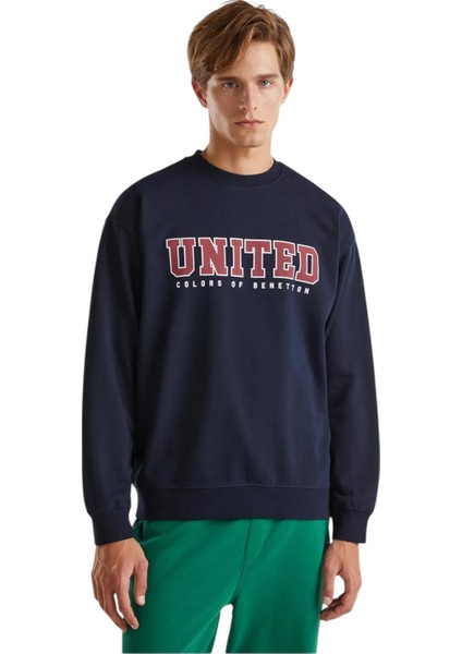 Erkek Önü Baskılı Ribanalı Yuvarlak Yaka Sweatshirt