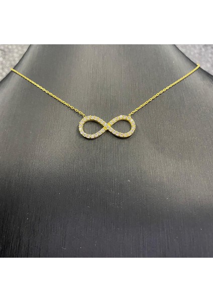 925 Ayar Gümüş Sarı Altın Kaplama Zirkon Taşlı Sonsuzluk Kolyesi fiyatları