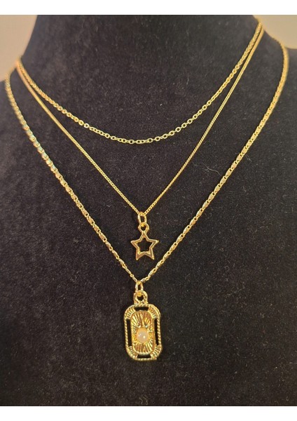3’lü Set Altın Renk Yıldız ve Inci Detaylı Kadın Kolye