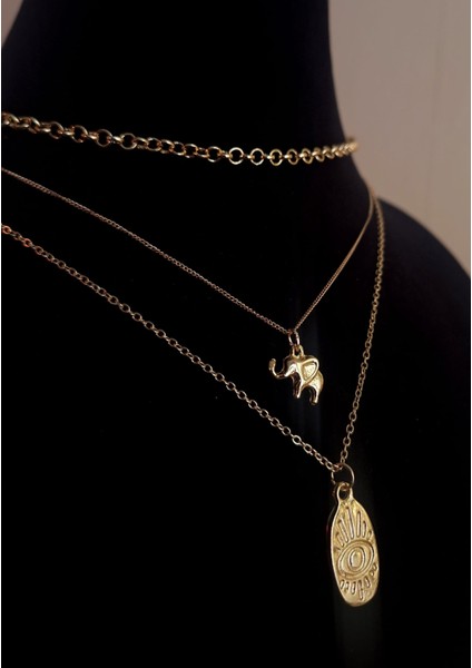 3’lü Set Altın Renk Fil ve Nazar Göz Figürlü Kadın Kolye